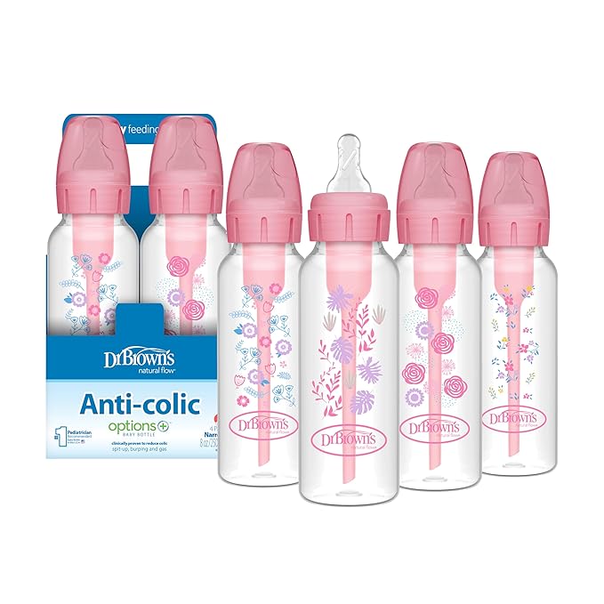 Dr. Brown's Natural Flow Anti-Colic Options+ Narrow Baby Bottle, Pink Floral, 8 oz/250 mL, with Level 1 Slow Flow Nipples, 0m+, 4 Pack-BubblyBeeBaby