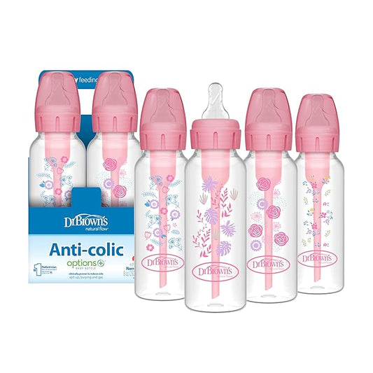 Dr. Brown's Natural Flow Anti-Colic Options+ Narrow Baby Bottle, Pink Floral, 8 oz/250 mL, with Level 1 Slow Flow Nipples, 0m+, 4 Pack-BubblyBeeBaby