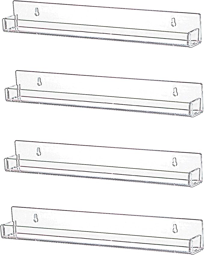 IEEK 4 PCS Floating Invisible Kids Bookshelf Wall Mounted Nail Polish Rack,Clear Acrylic Picture Ledge Vinyl Record Display Shelf Nail Polish Holder with Removable Anti-Slip End Inserts,15 inch-BubblyBeeBaby