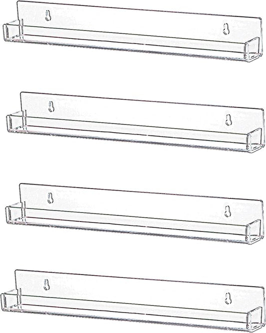IEEK 4 PCS Floating Invisible Kids Bookshelf Wall Mounted Nail Polish Rack,Clear Acrylic Picture Ledge Vinyl Record Display Shelf Nail Polish Holder with Removable Anti-Slip End Inserts,15 inch-BubblyBeeBaby