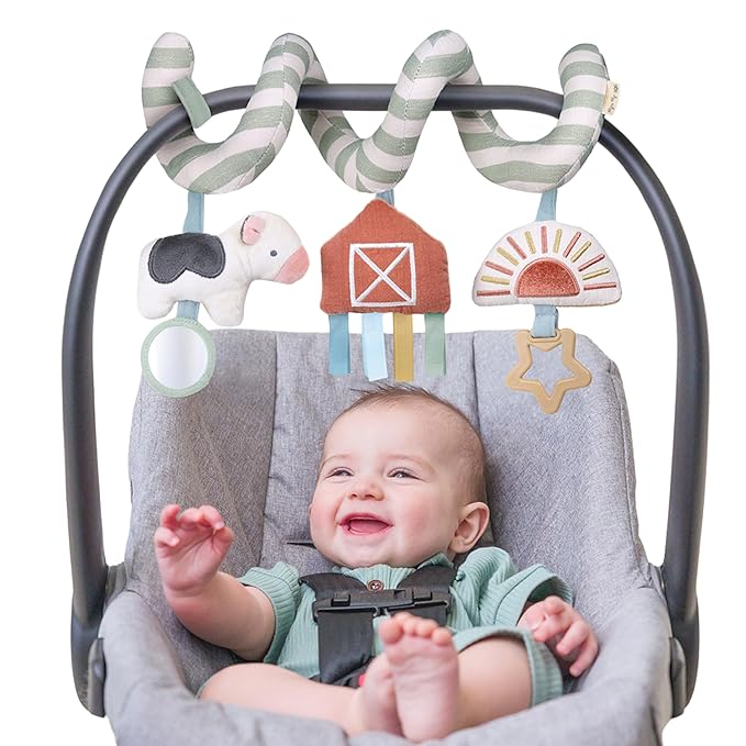 Itzy Ritzy Spiral Car Seat & Stroller Activity Toy - Stroller & Car Seat Toys for Ages 0 Months and Up - Hanging Toys Include Dangling Ring, Mirror and Textured Ribbons (Farm)-BubblyBeeBaby
