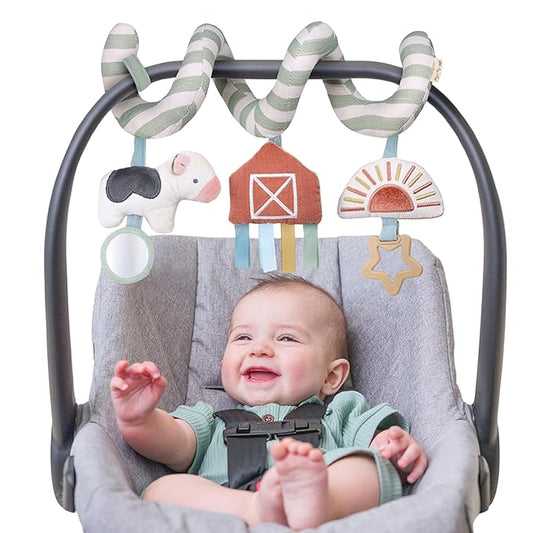 Itzy Ritzy Spiral Car Seat & Stroller Activity Toy - Stroller & Car Seat Toys for Ages 0 Months and Up - Hanging Toys Include Dangling Ring, Mirror and Textured Ribbons (Farm)-BubblyBeeBaby