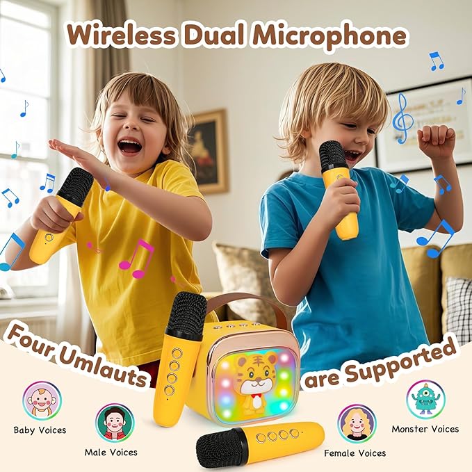 Karaoke Machine for Kids, Portable Mini Karaoke Machine with 2 Wireless Microphones, 4 5 6 7 8 9 10 Years Old Girl Boy Easter Christmas Birthday Gift Tiger Speaker Toys-BubblyBeeBaby