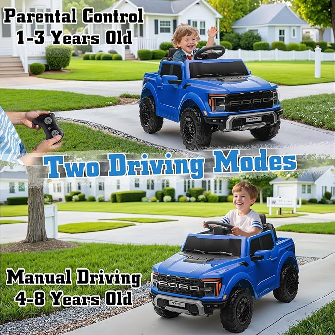 12V Ride on Car Licensed Ford F-150 Raptor, Kids Electric Car with Remote Control, LED Light/Music/MP3, Truck Bed Storage, 3-Point Seat Belt (12V, Blue)-BubblyBeeBaby