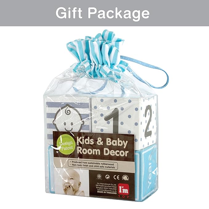 I'm Solid Wood Monthly Weekly Yearly Milestone Age Blocks, Newborn Gifts & Keepsakes for Picture Props (4 Pcs/Blue)-BubblyBeeBaby