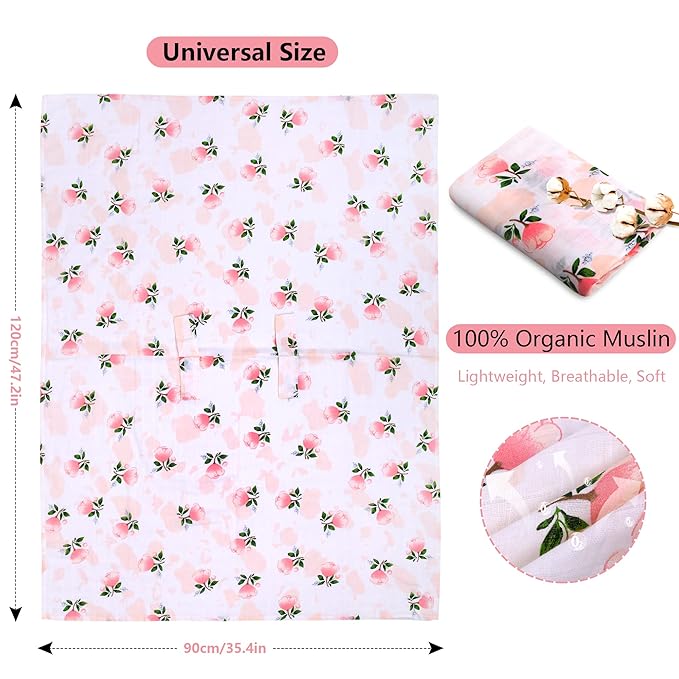 Rquite Car Seat Covers for Babies - 100% Muslin, Lightweight, Soft, Breathable Baby Carrier Cover - Summer Stroller Canopy (Pink Flower)-BubblyBeeBaby