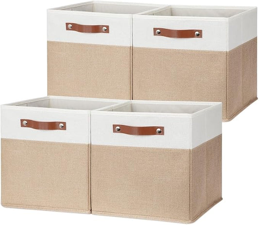 HNZIGE Fabric Storage Cubes, Cube Storage Bins 12 x 12, Set of 4, Decorative Storage Baskets for Shelves with Handles,Foldable Bins for Cube Shelf Organizer Home Toy Nursery Closet(Beige White)-BubblyBeeBaby