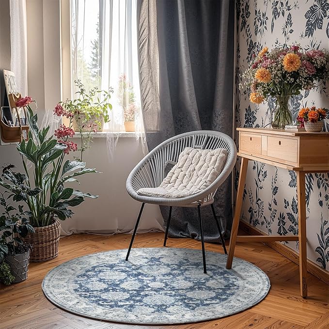 jinchan Round Rug 4ft Area Rug - Indoor Vintage Hallway Circle 4' Washable - Ultra-Thin Low Pile Soft Small Non Slip Distressed Floral Print for Living Room Dining Room Bedroom Entryway Dark Blue-BubblyBeeBaby