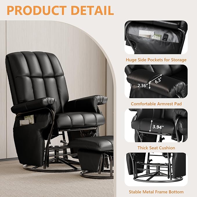 JIASTING 360° Swivel Recliner Chair with Ottoman & Double Side Pockets, Nursing Glider Rocking Recliner Chair, Gliding Chair for Nursery, Living Room, Office, Bedroom, Metal Frame (Black 1)-BubblyBeeBaby