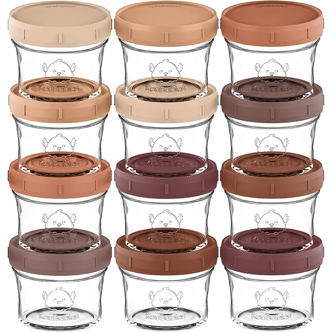 KeaBabies 12pk 4oz Glass Baby Food Containers with Lids - Leak-Proof, Microwavable Small Glass Jars, Baby Purees & Toddler Snack Storage Containers, BPA-Free, Dishwasher & Freezer Safe (Terracotta)-BubblyBeeBaby