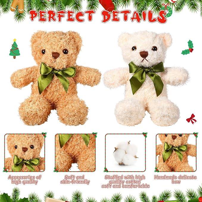 HyDren 12 Pack Bear Stuffed Animals 10 Inch Operation Christmas Bulk Items Small Bear Party Favors Plush Toys for Baby Shower Centerpiece Christmas Birthday Gifts(White, Light Brown)-BubblyBeeBaby
