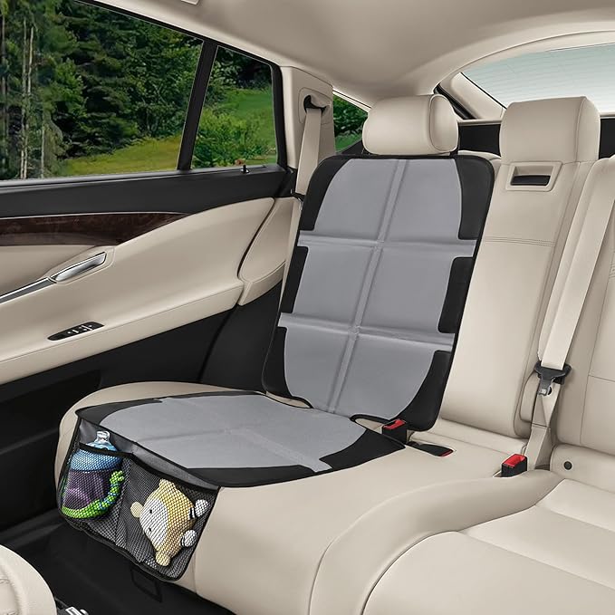 Car Seat Protector, 2 Pack Baby CarSeat Covers with Mesh Pockets & Non-Slip Backing 600D Durable Seat Protectors Under Car Seat for Baby(Gray, Large)-BubblyBeeBaby