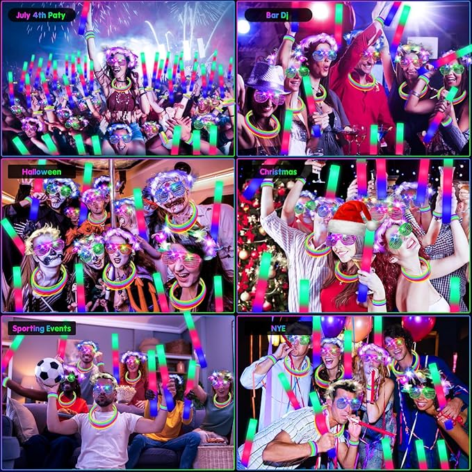 142 PCS Glow in the Dark Party Supplies, 14PCS Foam Glow Sticks, 14PCS Light Up Headband,14PCS LED Glasses and 100PCS Glow Sticks Bracelets,for Glow Party, New Year, Wedding, Concert, Birthday-BubblyBeeBaby