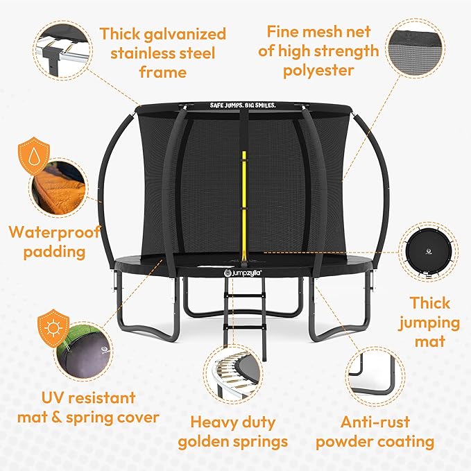 JUMPZYLLA Trampoline Outdoor 8FT 10FT 12FT 14FT 15FT 16FT with Enclosure and Ladder, ASTM Approved Recreational Trampoline for Kids and Adults, Anti-Rust Coated Frame-BubblyBeeBaby
