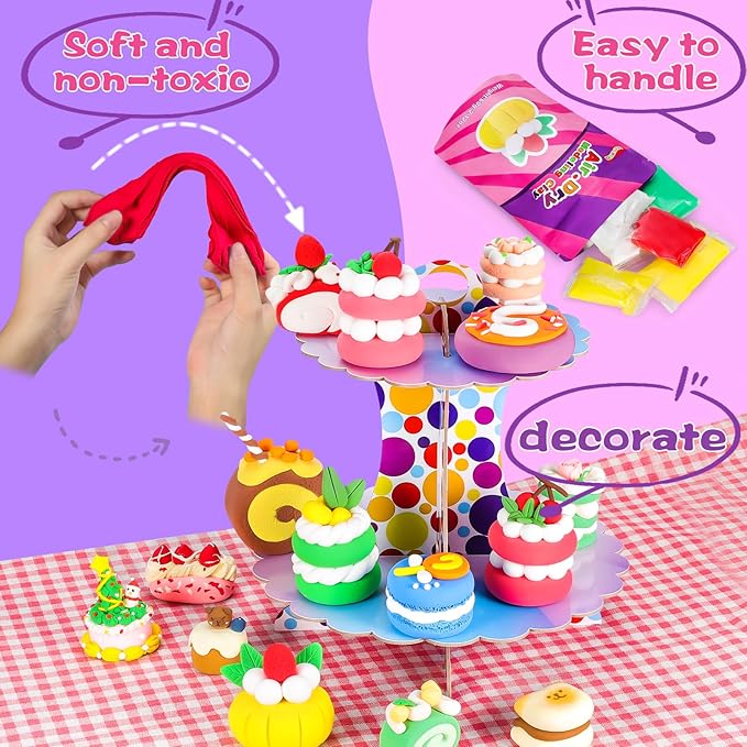 ifergoo Air Dry Clay Kit for Kids - Cakes Modeling Clay, Includes 6 Dessert Designs and Display Stand, DIY Art & Crafts School Projects, Home Party Kids Toys, Holidays Gifts for Age 3-12 Girls & Boys-BubblyBeeBaby