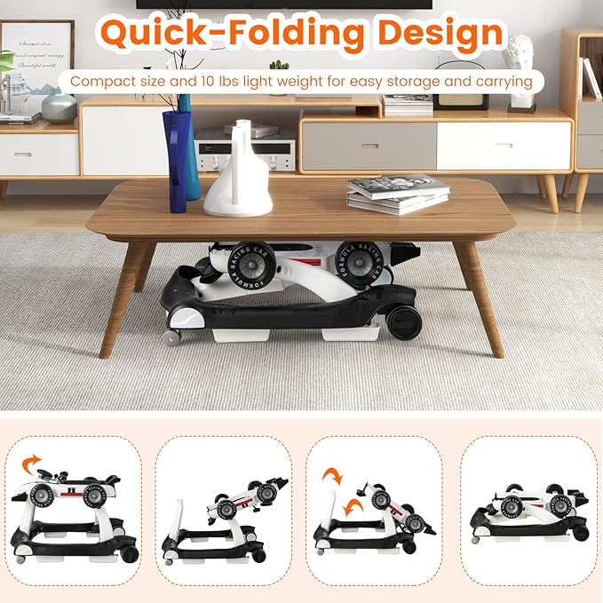 HONEY JOY 4-in-1 Baby Walker, Activity Push Walker w/3 Adjustable Heights, Smooth Wheels w/Adjustable Speed, Padded Seat, Music & Light, Foldable Car Walker for Baby Boys Girls Age 6 Months+ (White)-BubblyBeeBaby