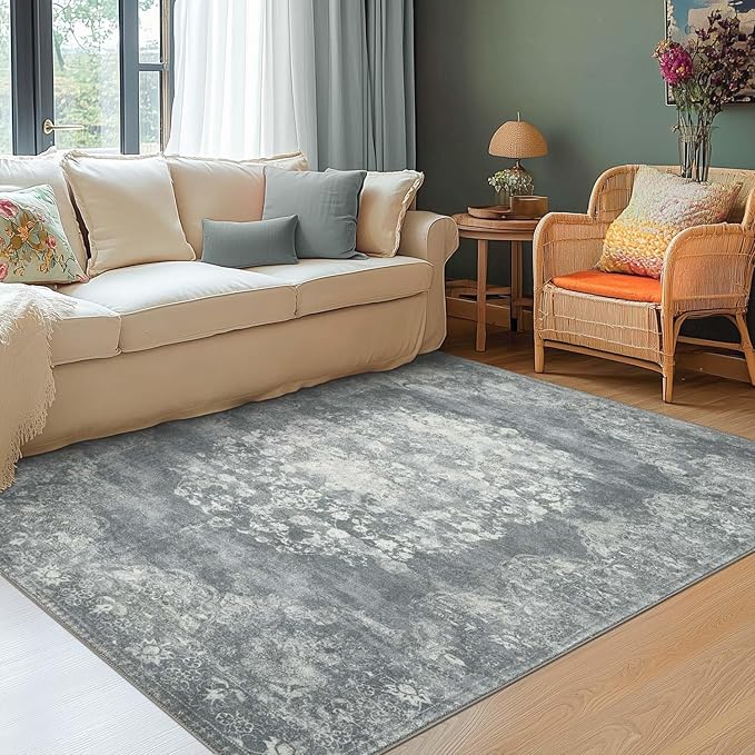 jinchan Vintage Floral 5x7 Area Rugs - Machine Washable Distressed Design Soft Ultra-Thin Low-Pile Non-Slip Carpet for Kitchen Bedroom Nursery Living Room Dining Room Home Office (5x7ft,Grey)-BubblyBeeBaby
