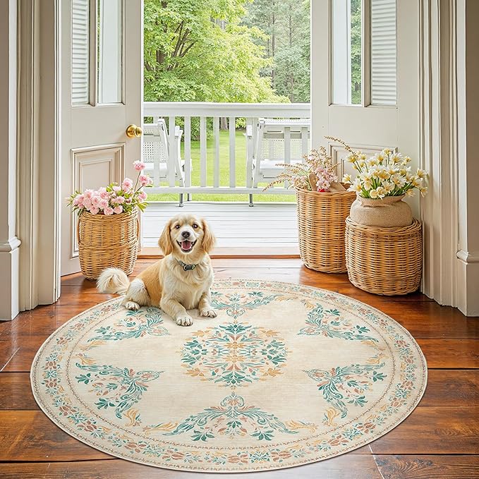jinchan Round Rug 5ft Area Rugs Vintage Floral Distressed Design,Machine Washable Soft Non-Slip Low-Pile Ultra-Thin Circle Rug for Entryway Living Room Dining Room Bedroom (5' Round,Apricot Multi)-BubblyBeeBaby