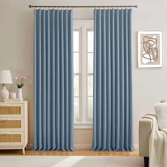 KEQIAOSUOCAI 2 PCs Dusty Blue Pleat Wide Drapes for Sliding Glass Door 60 Wide x 102 Inch Long, Privacy Light Block Noise Reduce Insulated Ceiling to Floor for Locker Room Basement Bedroom Closet-BubblyBeeBaby