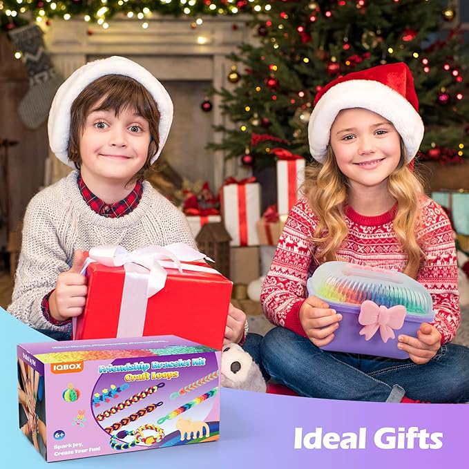 IQBOX Bracelet Making Kit Arts and Crafts for Girls Ages 8-12, Weaving Loom Rainbow Bands DIY Toys Birthday Gifts for Kids 6 7 9 10 11 13 Year Old, 1000+ Elastic Cloth Rubber Band Fabric Loops-BubblyBeeBaby