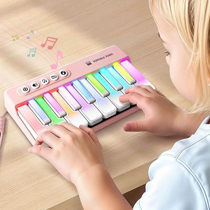 iPlay, iLearn Kids Mini Piano Toy W/Rainbow Lights, Portable Travel Piano Keyboard Toddlers Musical Instrument Learning Toys, Music Interactive Birthday Gift for 2 3 4 5 6 Year Old Girls Children-BubblyBeeBaby