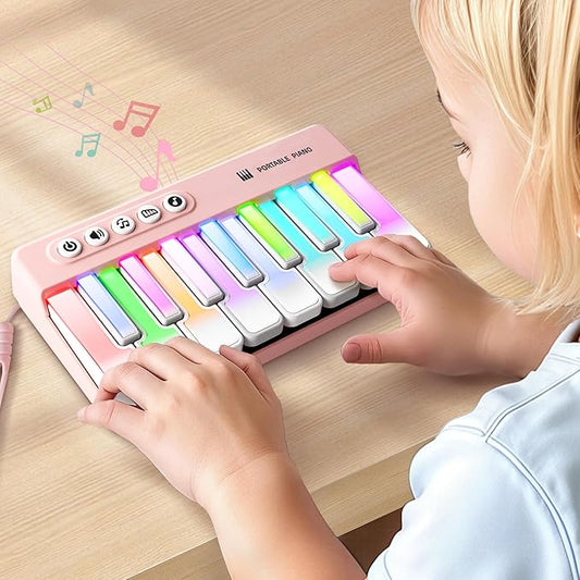 iPlay, iLearn Kids Mini Piano Toy W/Rainbow Lights, Portable Travel Piano Keyboard Toddlers Musical Instrument Learning Toys, Music Interactive Birthday Gift for 2 3 4 5 6 Year Old Girls Children-BubblyBeeBaby
