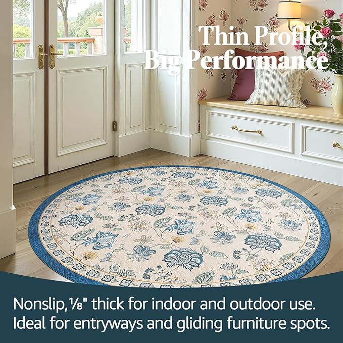 jinchan 5ft Floral Round Rug for Entryway Washable Kitchen Rug Vintage Romance Design Non Slip Indoor Doormat Lightweight Low-Profile Throw Carpet for Living Room Dining Room Bedroom, Blue/Beige-BubblyBeeBaby