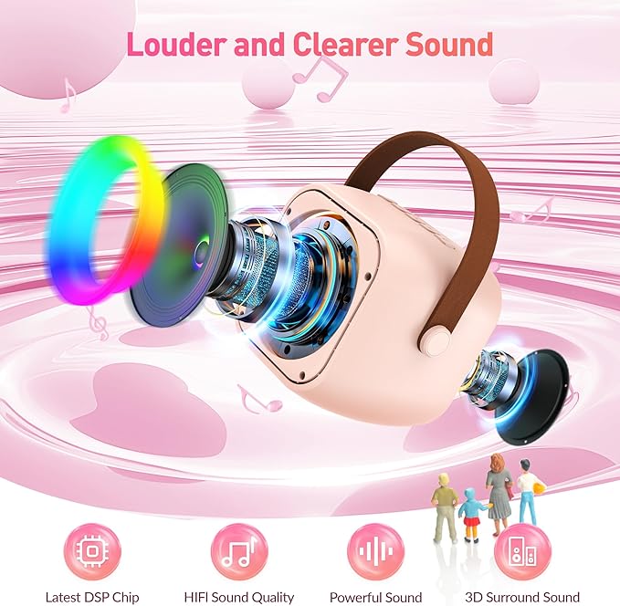 Karaoke Machine for Kids Adults, Mini Portable Bluetooth Karaoke Speaker with 2 Wireless Microphone and Lights, Christmas Birthday Gifts for Girls Ages 4, 5, 6, 7, 8, 9, 10, 12+ Family Home Party-BubblyBeeBaby