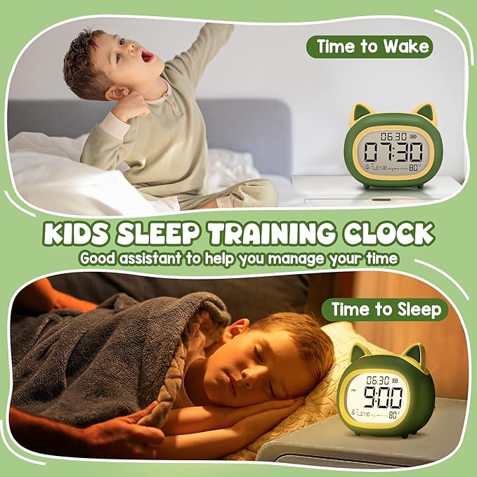 Kids Alarm Clock with Night Light for Kids, Small Digital Alarm Clocks for Bedrooms, Routine Builder, Cute Cat Alarm Clock with Sleep Training, Snooze, 12/24H, Date & Day, Temperature, USB Port-BubblyBeeBaby