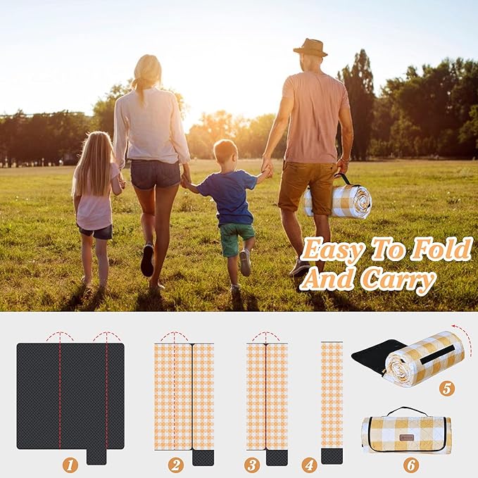 HX&OD Outdoor Picnic Blanket, Extra Large, 80''x60'' Waterproof Foldable Blankets Gingham Picnic Mat for Beach, Camping Grass Lawn Park Accessories Cute Couple Ideas Wedding (Yellow, 80”x60”)-BubblyBeeBaby