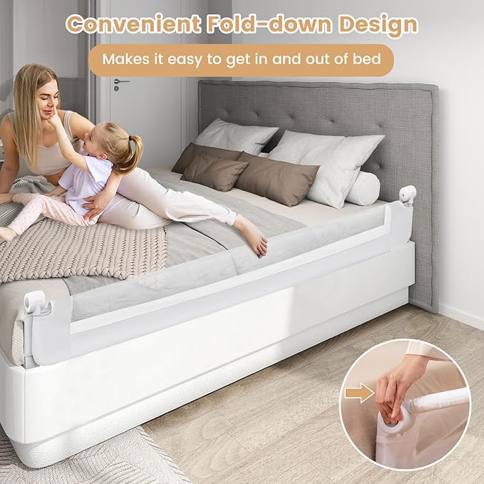 HONEY JOY Bed Rail for Toddlers, Extra Long, Foldable Portable Swing Down Safety Bed Guard Rail, Toddler Bed Rails for Crib, King Queen Full Twin Size Bed Mattress (White, 2 Pack, 71 Inch)-BubblyBeeBaby