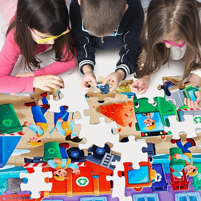 Jumbo Floor Puzzle for Kids,Recycling Garbage Truck Jigsaw Large Puzzles,48 Piece Trash Truck Vehicle Puzzle for Toddler Ages 3-5,Children Learning Preschool Educational Toys,Gift for 4-8 Years Old-BubblyBeeBaby