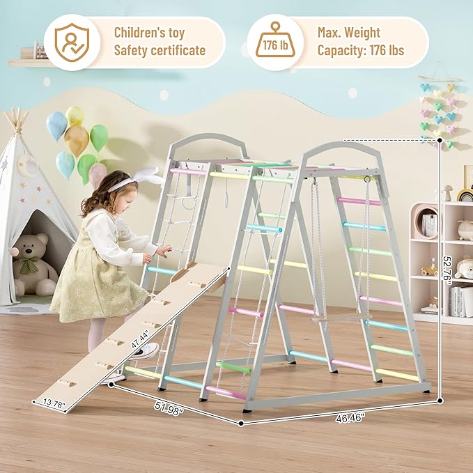 JAXPETY 9-in-1 Indoor Playground, Indoor Jungle Gym for Kids, Toddler Montessori Climbing Gym, Inside Play Gym with Slide, Swing, Monkey Bar, Ladder, Rings-BubblyBeeBaby