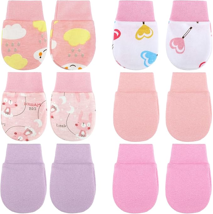 6 Pairs Newborn Baby Mittens No Scratch Gloves Infant Toddler Anti Scratch Essentials Unisex Cotton for 3-9 Months Girls Boys(Pink Series, Cute)-BubblyBeeBaby