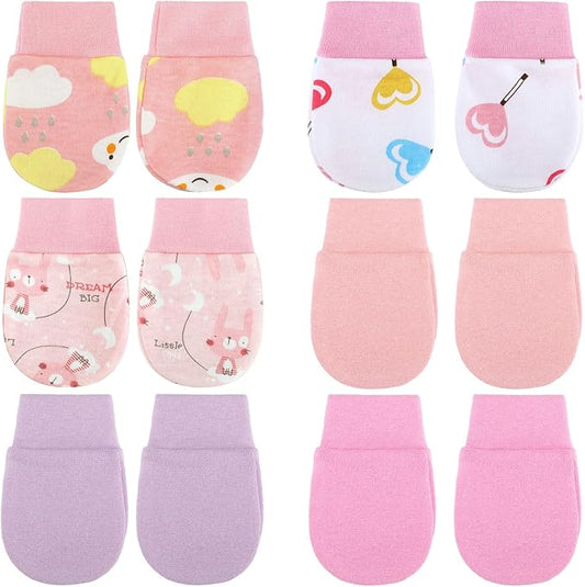 6 Pairs Newborn Baby Mittens No Scratch Gloves Infant Toddler Anti Scratch Essentials Unisex Cotton for 3-9 Months Girls Boys(Pink Series, Cute)-BubblyBeeBaby