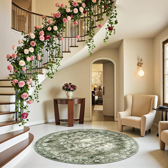 jinchan Round Rug 5ft Area Rug - Green Vintage Floor Mat Kitchen Indoor - Washable Circle 5' Thin Floral Print Carpet Retro Farmhouse Non Slip Dining Room Living Room Bedroom Office-BubblyBeeBaby