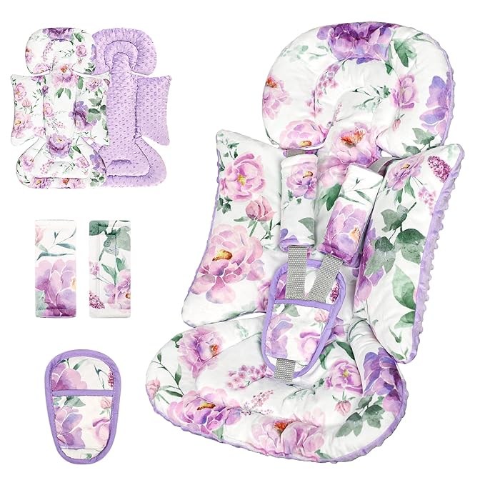Infant Car Seat Insert, Soft Baby Car Seat Head & Body Support for Girl Boy, Reversible Newborn Preemie Carseat Insert Cushion with 3 Straps Pads Fits CarSeat, Stroller, Swing, Bouncer, Purple Floral-BubblyBeeBaby