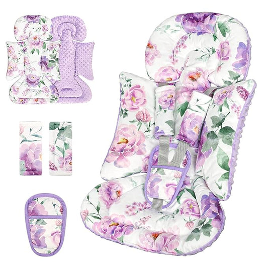 Infant Car Seat Insert, Soft Baby Car Seat Head & Body Support for Girl Boy, Reversible Newborn Preemie Carseat Insert Cushion with 3 Straps Pads Fits CarSeat, Stroller, Swing, Bouncer, Purple Floral-BubblyBeeBaby