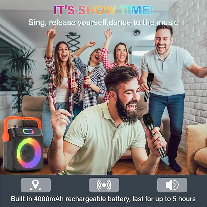 Karaoke Machine with 2 Wireless Microphones, Karaoke Machine for Adults & Kids, Portable Bluetooth Karaoke Speaker with Bass/Treble Adjustment, PA System, LED Lights, Supports TWS/USB/TF/REC/FM/AUX-BubblyBeeBaby
