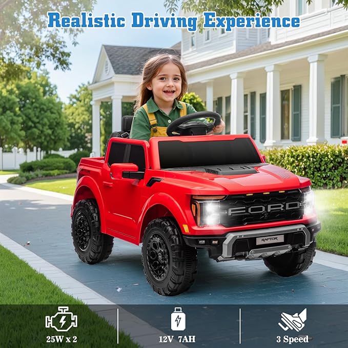 12V Ride on Car Licensed Ford F-150 Raptor, Kids Electric Car with Remote Control, LED Light/Music/MP3, Truck Bed Storage, 3-Point Seat Belt (12V, Red)-BubblyBeeBaby