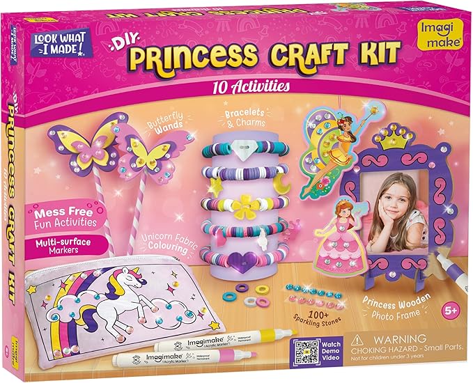 Imagimake Princess Craft Kit | 10 Mess-Free DIY Activities | Bracelet Making Kit, Unicorn Pouch, Butterfly Wands & Photo Frame | Girls Toys Age 6-8 | 5,6,7,8,9,10,11,12 Year Old Girl Birthday Gifts-BubblyBeeBaby