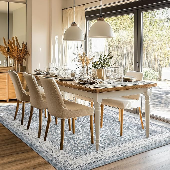 jinchan Floral 8x10 Area Rugs for Living Room - Machine Washable Vintage Distressed Boho Design Throw Rug Stain Resistant Carpet Low-Pile Thin Non-Slip for Bedroom Dining Room Nursery (8‘x10',Grey)-BubblyBeeBaby