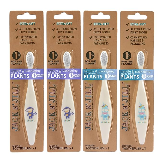 Jack N' Jill Baby & Toddler Toothbrush - 12 Months & Up, Age 2-4, Natural, Soft, Non Toxic, Cornhusk Handle, Kids Toothbrushes for Girls & Boys - Assorted Characters (4 Pack)-BubblyBeeBaby