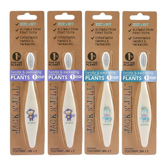 Jack N' Jill Baby & Toddler Toothbrush - 12 Months & Up, Age 2-4, Natural, Soft, Non Toxic, Cornhusk Handle, Kids Toothbrushes for Girls & Boys - Assorted Characters (4 Pack)-BubblyBeeBaby