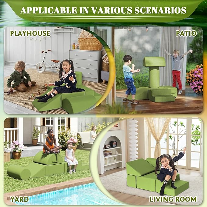 jela Foam Blocks 6Pcs Soft Play Equipment Waterproof Fabric, UV Resistant Toddler Climbing Toys Indoor& Outdoor Soft Play Climbing for Toddlers, Lightweight Climbing Blocks for Babies, Kids (Green)-BubblyBeeBaby