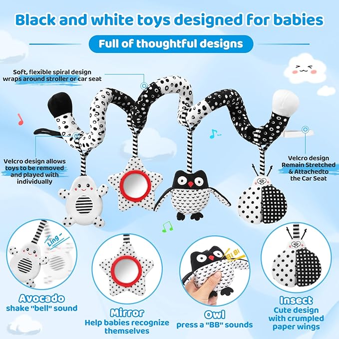 High Contrast Baby Toys - Black & White Hanging Toys for Car Seat, Stroller & Crib | Newborn Essentials 0-6 Months | Perfect-BubblyBeeBaby