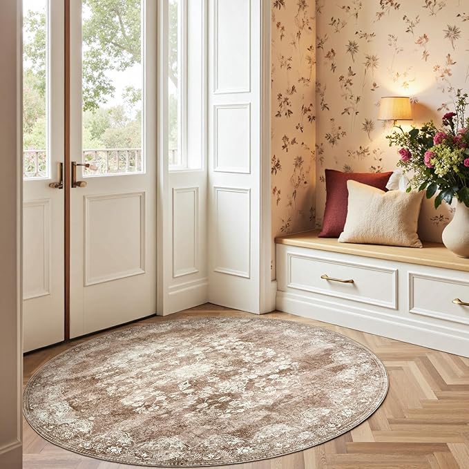 jinchan Round Rug 5ft Area Rug - Brown Vintage Floor Mat Kitchen Indoor - Washable Circle 5' Thin Floral Print Carpet Retro Farmhouse Non Slip Dining Room Living Room Bedroom Office-BubblyBeeBaby
