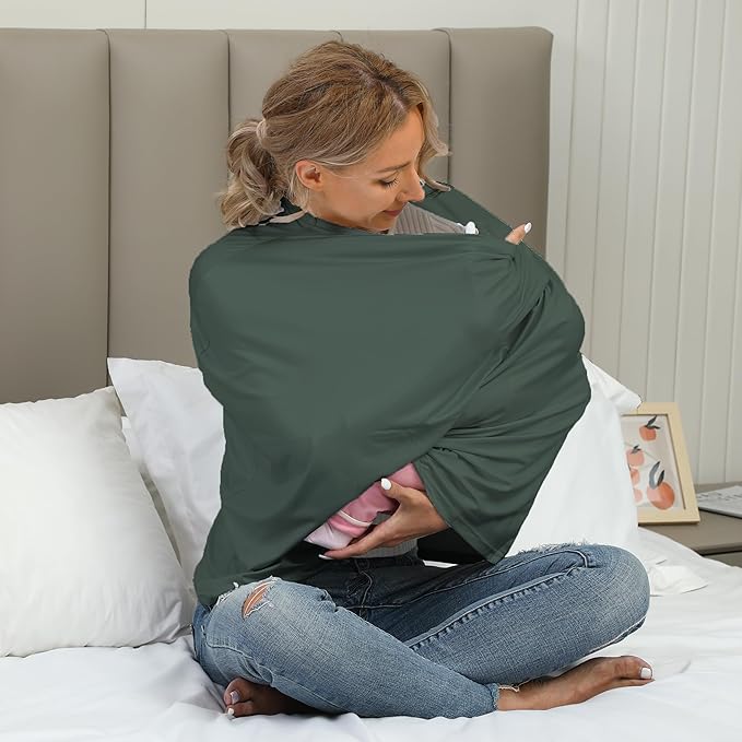 Breathable Car Seat Cover for Babies – Multi-Purpose Soft Rayon Nursing Cover for Breastfeeding, High Stretchy Infant Carseat Canopy, Stroller Cover (Smooth Rayon, Roman Green)-BubblyBeeBaby