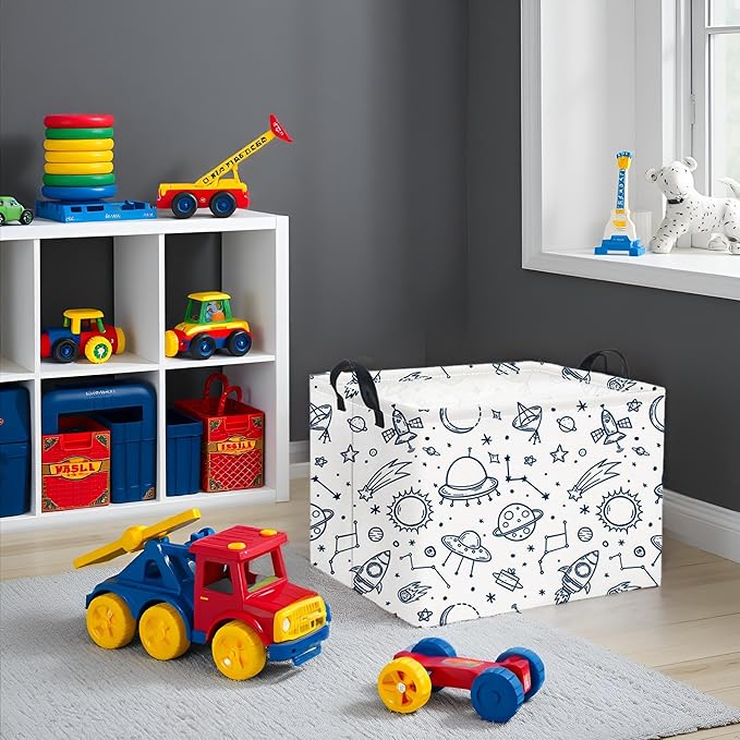 HIYAGON Rectangular Space Basket for Boys Kids Baby Storage Basket Storage Bin Organizer Box Room Decor(Spaceships)-BubblyBeeBaby