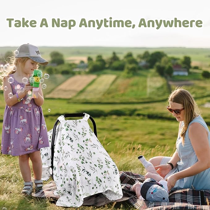 Rquite Car Seat Cover for Girl Boy, Muslin Cotton Infant Car Seat Canopy, Breathable Baby Carrier Cover, Summer Stroller Sun Shade, Leaf-BubblyBeeBaby